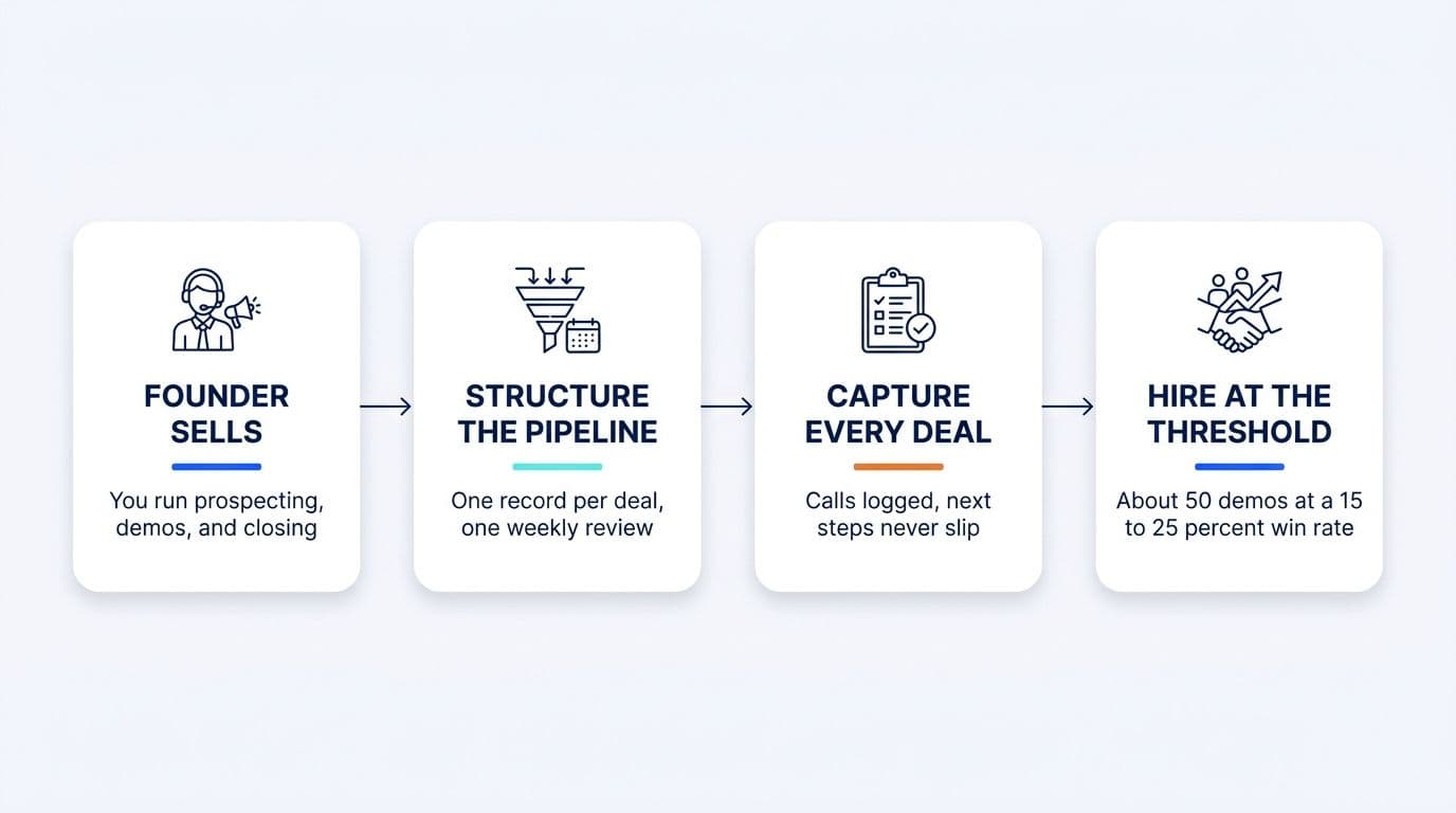 Infographic of the founder-led sales sequence: founder sells, structure the pipeline, capture every deal, hire at the threshold (about 50 demos at a 15 to 25 percent win rate).